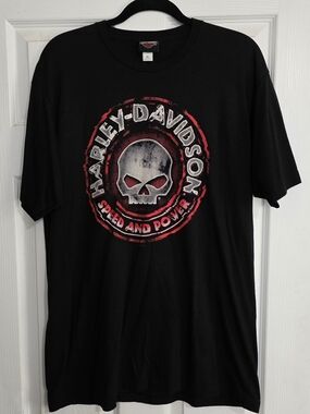 McGrath Harley-Davidson Black Tee with Red and Silver Skull Emblem